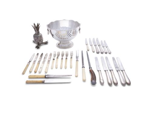 A MISCELLANEOUS COLLECTION OF SILVER PLATED AND WHITE METAL ITEMS, including:- a large twin handle Monteith bowl- a model of 