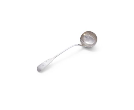 A VICTORIAN PLAIN FIDDLE-PATTERN SOUP LADLE, London c.1864, maker's mark rubbed, engraved with initial 'B', (c.10 troy ozs). 