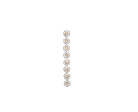 A PAIR OF DIAMOND AND COLOURED DIAMOND PENDENT EARRINGS, each designed as a row of collet-set round brilliant-cut diamonds of