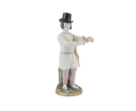 A RUSSIAN 'GARDNER' PORCELAIN FIGURE OF A WOODCUTTER, Moscow, 19th century, standing bare foot, balancing an axe under his le