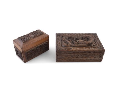 A CHINESE CARVED WOOD RECTANGULAR BOX AND COVER, with crest and motto, 10cm high, 21 x 32cm; together with a an Anglo-Indian 