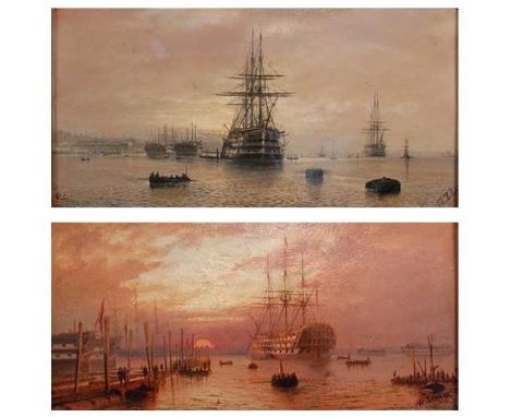 William Jenner (19th century British) - Pair; Frigates in the harbour at day and sunset, oil on board, signed lower left and 