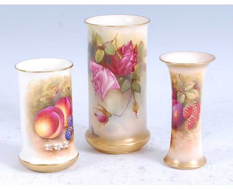 A 1908 Royal Worcester porcelain vase, of cylindrical form, hand painted with roses and signed by W H Austin, shape No 2510, 