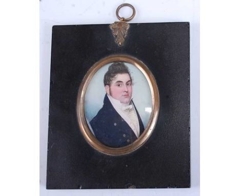 Frederick Buck (1771-1839), half length portrait of a gentleman wearing a blue tunic and silk ruff, miniature on ivory, 6.5x5