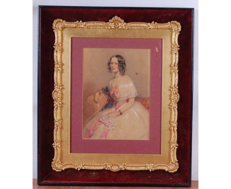 Late 19th century English school - three-quarter length portrait of a seated young woman in full-length dress, watercolour he