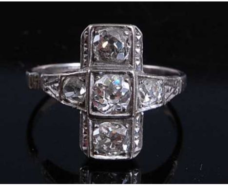 A white metal Art Deco diamond panel ring, comprising five graduated Old European cut diamonds in millegrain settings, diamon