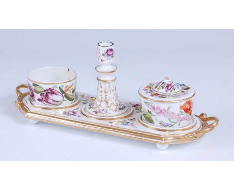 A circa 1825 Bloor Derby porcelain desk stand, floral decorated and gilt heightened, bearing red printed marks verso, 28cm wi