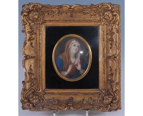 Late 19th century continental school - portrait of the Virgin Mary, miniature watercolour on ivory, framed as an oval, 10 x 8