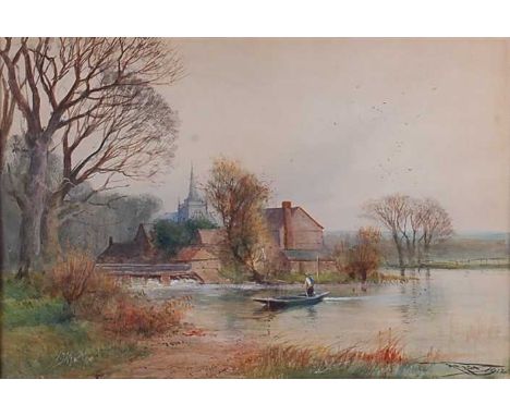 Henry Charles Fox (1855-1929) - Lone boatman on the river with houses and church beyond, watercolour, signed and dated 1912 l