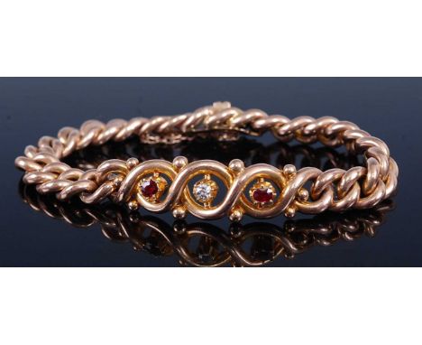 A yellow metal hollow curblink bracelet, having box clasp and safety chain, featuring a rigid centre section with centre Old 