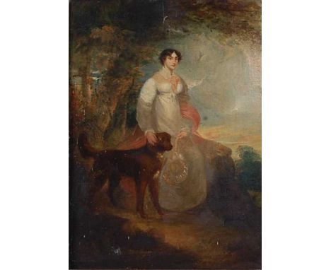 Early 19th century English school - Full-length portrait of a woman with attendant dog in a parkland setting, oil on canvas (