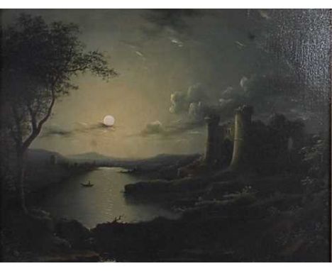 Follower of Sebastian Pether (1790-1844) - Extensive moonlit river landscape with castle ruins, oil on canvas (re-lined), 34 