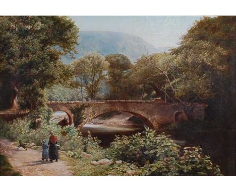 19th century English school - Extensive North Country river landscape with mother and daughter on a riverside path, oil on ca