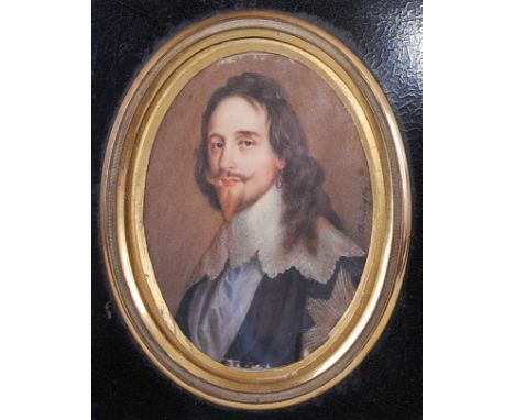 19th century English school after Anthony van Dyke,  King Charles I, bust portrait miniature watercolour on ivory, 8x6cm, hou