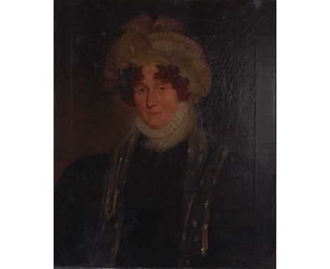 Mid-19th century English school - Half-length portrait of Mrs William Harding, oil on canvas, having hand-written annotated n