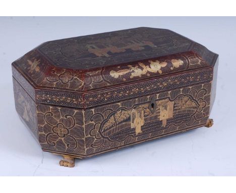 A 19th century chinoiserie black lacquered needlework box, the hinged cover decorated with Oriental figure landscape scenes, 