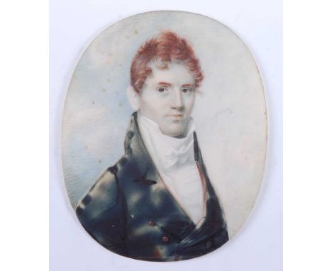 19th century English school, half length portrait of a red haired gentleman with green tunic, miniature on ivory, unframed, 7