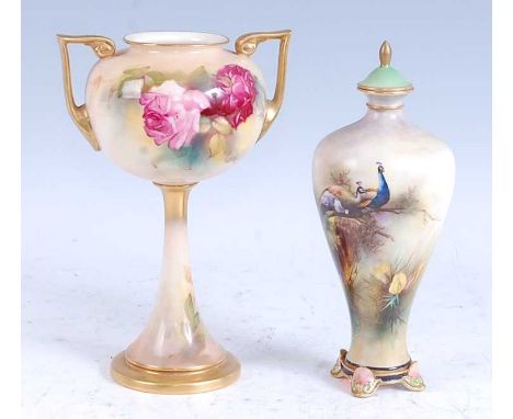 A 1911 Royal Worcester porcelain twin handled pedestal urn, decorated with roses, shape No 2736, 19cm high, together with a H