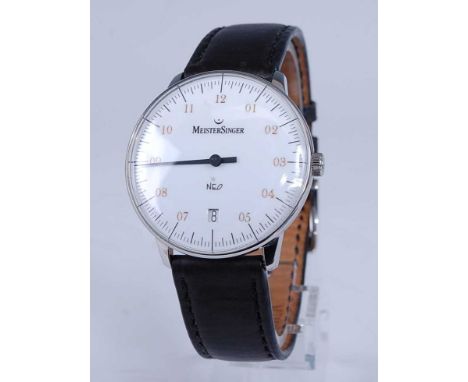 A gent's MeisterSinger NEO steel cased automatic wristwatch, having signed white enamel dial with Arabic numerals, date apert
