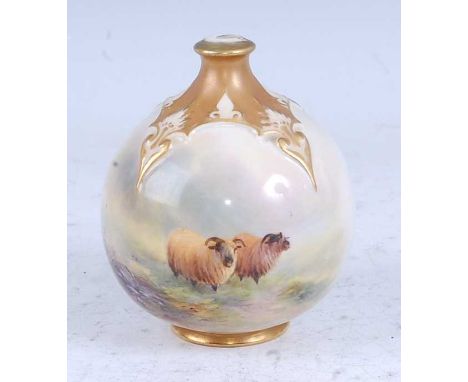 A 1919 Royal Worcester porcelain vase, of globular form, hand-painted with sheep within a landscape, signed by Harry Davis, p