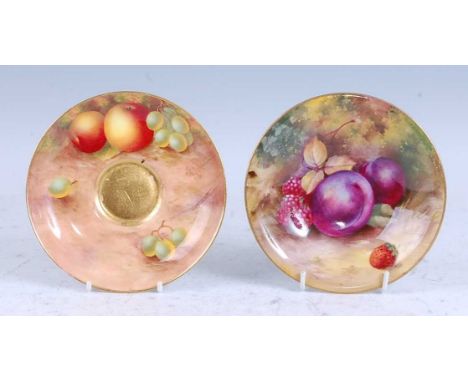 A 1924 Royal Worcester porcelain saucer, hand-painted with apples and grapes, signed Harry Ayrton, printed puce mark to the u