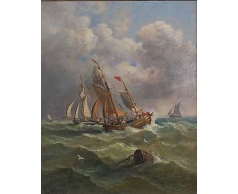 John Moore of Ipswich (1820-1902) - Fishing smacks in a squall, oil on panel, signed lower left, 29.5 x 24.5cm 