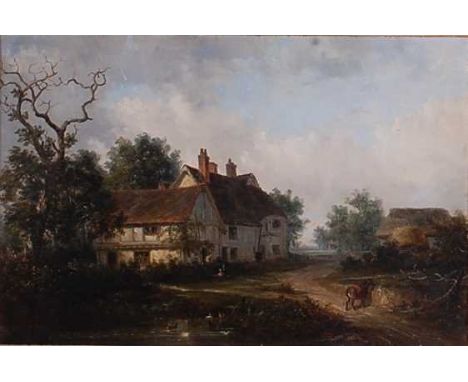 Thomas Smythe (1825-1906) - Landscape with figures before a timbered cottage and donkey to the foreground, oil on canvas, sig