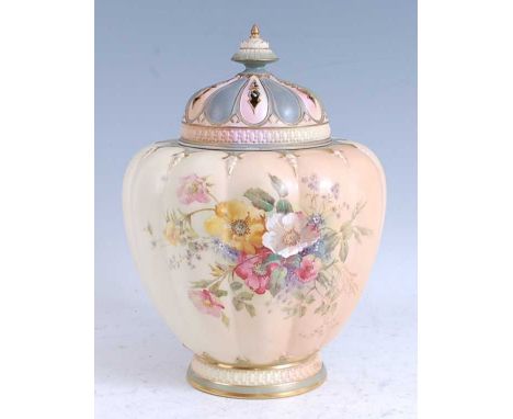 A large 1900 Royal Worcester porcelain jar and cover, of lobed form, decorated with spring flowers, Rd No 112589, shape 1312,