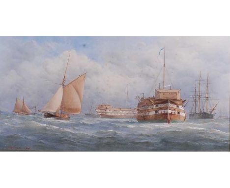 Charles Taylor (mid-19th century) - Seascape with hulks, watercolour heightened with white, signed and dated 1879 lower left,