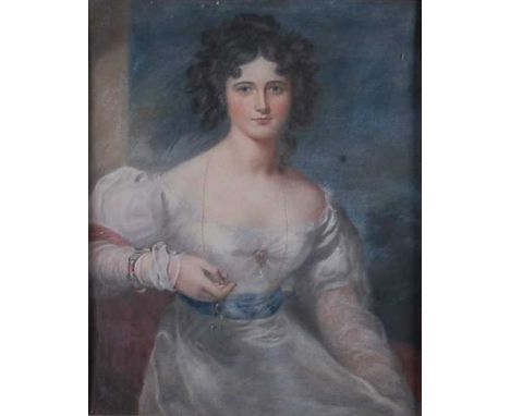 Mid-19th century English school - half-length portrait of a young Miss Rosamund Croker wearing a white dress with ruby set br