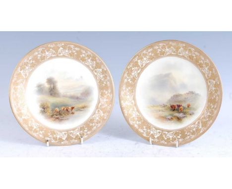 A pair of 1919 Royal Worcester porcelain cabinet plates, each painted by James Stinton with cattle in a highland landscape, s