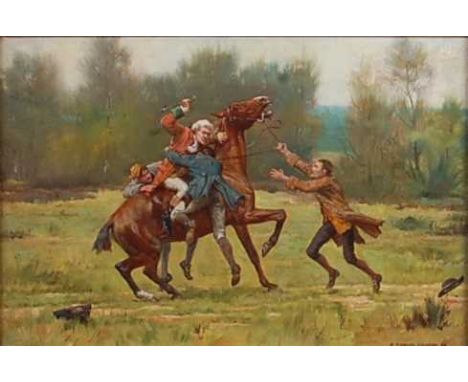 George Goodwin Kilburn RI ROI (1839-1924) - A gentleman on horseback being ambushed by three bandits, oil on panel, signed an