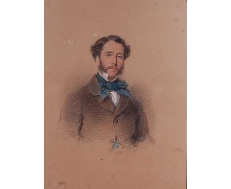 Josiah Gilbert (1814-1892)- Half-length portrait of a young Lambert Broughton wearing a blue neck scarf, pastel, indistinctly