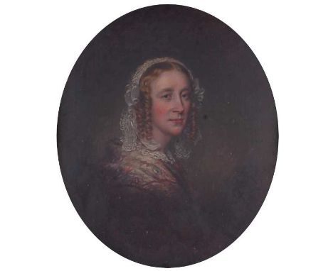Attributed to George Dodgson Tomlinson (1809-1884) - half-length portrait of a seated woman wearing a lace bonnet, oil on can