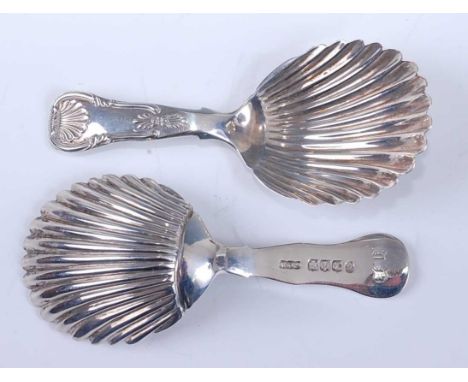 A William IV silver caddy spoon in the Kings pattern with shell bowl, maker Elder &amp; Co., Edinburgh 1834, together with on