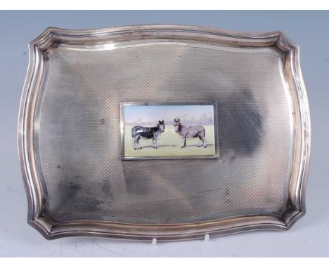 A Geo V engine turned silver tray set with a central enamel plaque depicting two donkeys, 16oz, maker William Neale &amp; Son