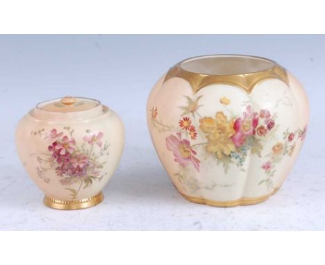 A 1908 Royal Worcester porcelain jar and cover, of lobed form, hand-painted with flowers upon a blush ivory ground, printed p