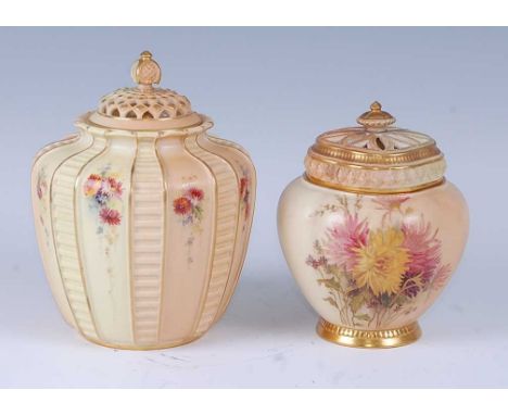 An 1896 Royal Worcester blush ivory porcelain jar and cover, hand painted with flowers, green printed mark verso, shape No 18