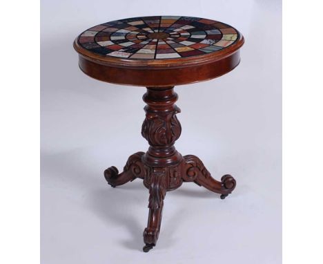 A Victorian mahogany and specimen marble topped pedestal tripod table, the circular fixed top set with an array of specimen m