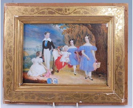 A circa 1830 English school group portrait of the Paget family children, depicted within a landscape, miniature watercolour o