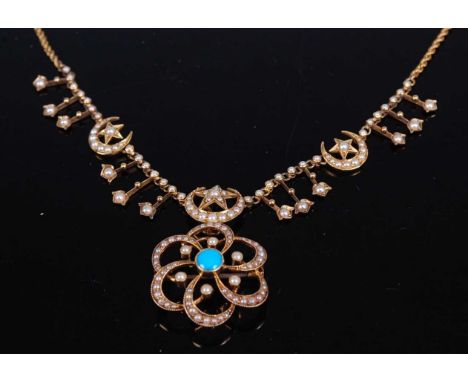 A late Victorian yellow metal, seed pearl and turquoise necklet, featuring a detachable six-petal flower shaped pendant / bro