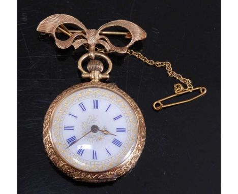 A yellow metal open face manual wind fob watch, having round white enamel dial decorated with blue Roman numerals and gold co