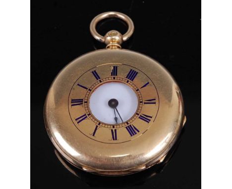 A continental 18ct gold cased gent's half hunter pocket watch, having a white enamel Roman dial, keywind jewelled movement st