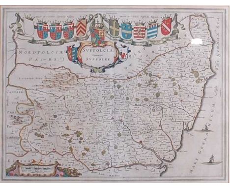 Johannes Blaeu - a 17th century hand-coloured engraved county map of Suffolk, having illustrated cartouche bearing title "SUF