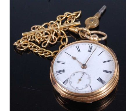 An 18ct yellow gold keywind open face pocket watch, having a round white Roman dial and subsidiary seconds dial, case dia. 44