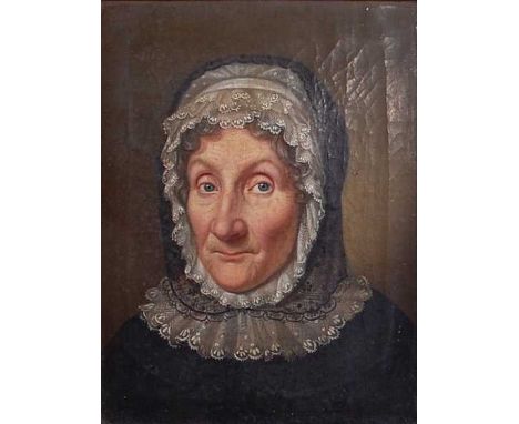 19th century Continental school - Bust portrait of a middle-aged woman, oil on canvas, 27 x 20.5cm