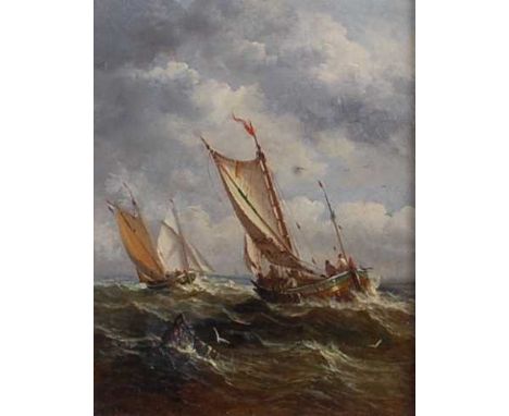 John Moore of Ipswich (1820-1902) - Fishing smacks and a yacht in a good breeze, oil on panel, signed lower left, 24 x 19cmCo