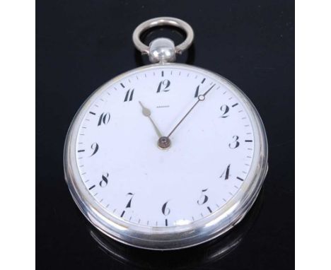 A Breguet white metal case gents open face pocket watch having signed white enamel Arabic dial, keywind movement, back plate 