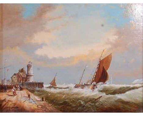 20th century Dutch school - Sailing boats returning to harbour in a swell, oil on panel, signed with monogram M.B lower right