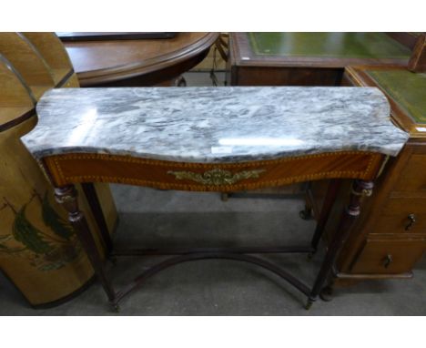 A French Louis XV style inlaid mahogany and marble topped console table